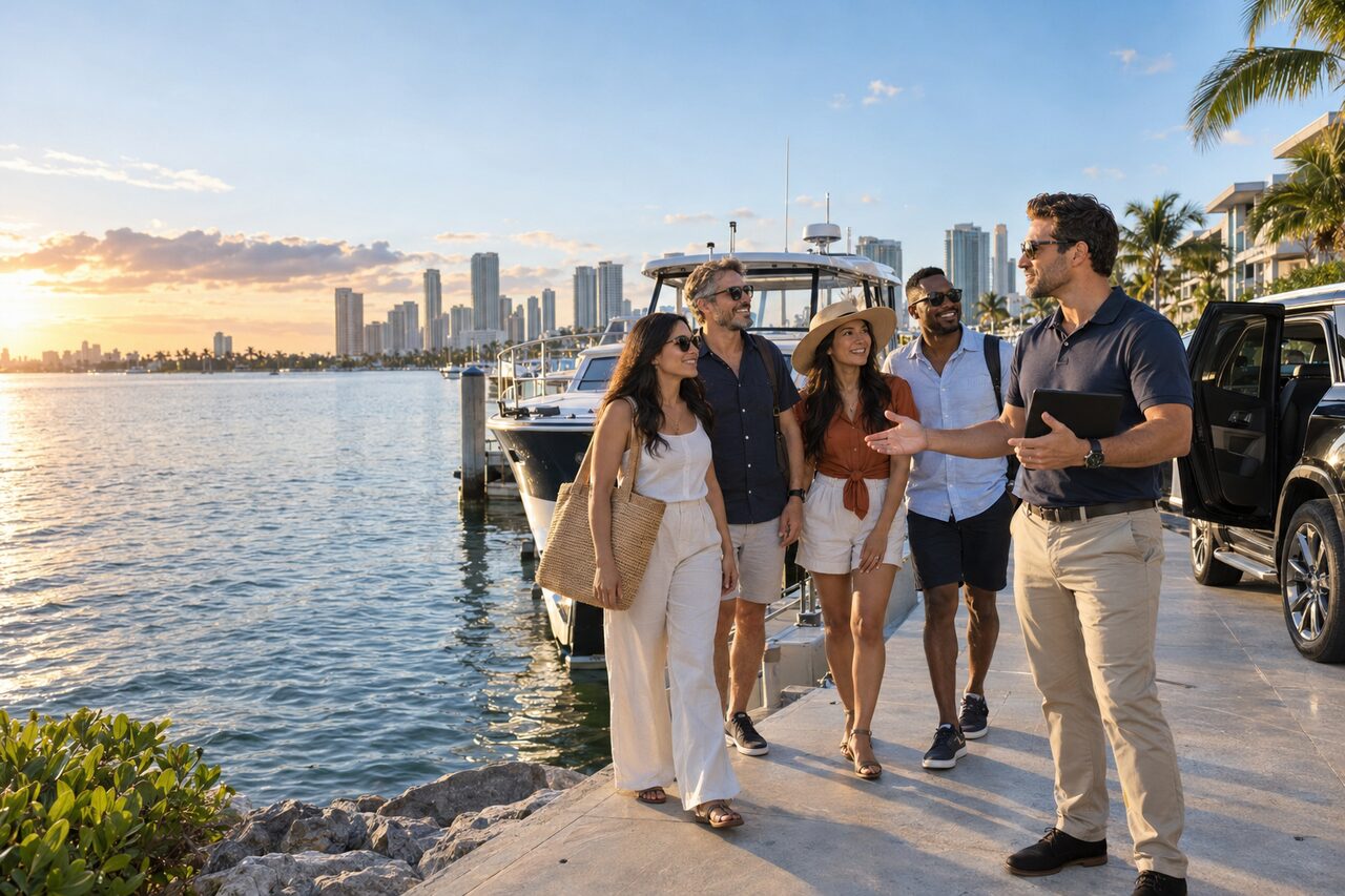 An experience operator welcoming guests beside a tour boat and private vehicle